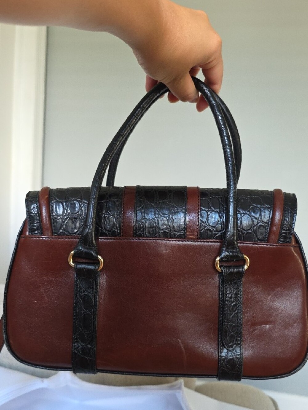 Vintage Brahmin Black Croc-Trim and Brown Leather Satchel - Picture 3 of 14